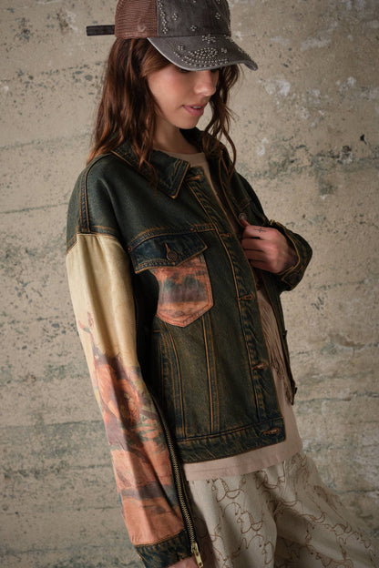 Blue B Western Print Mix Denim Jacket