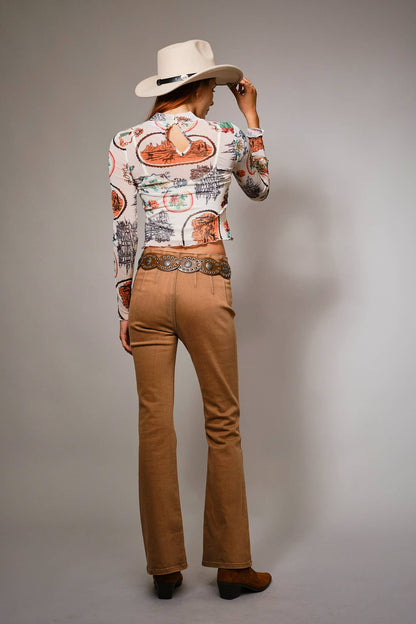 Western Motif Mesh Mock Neck Top