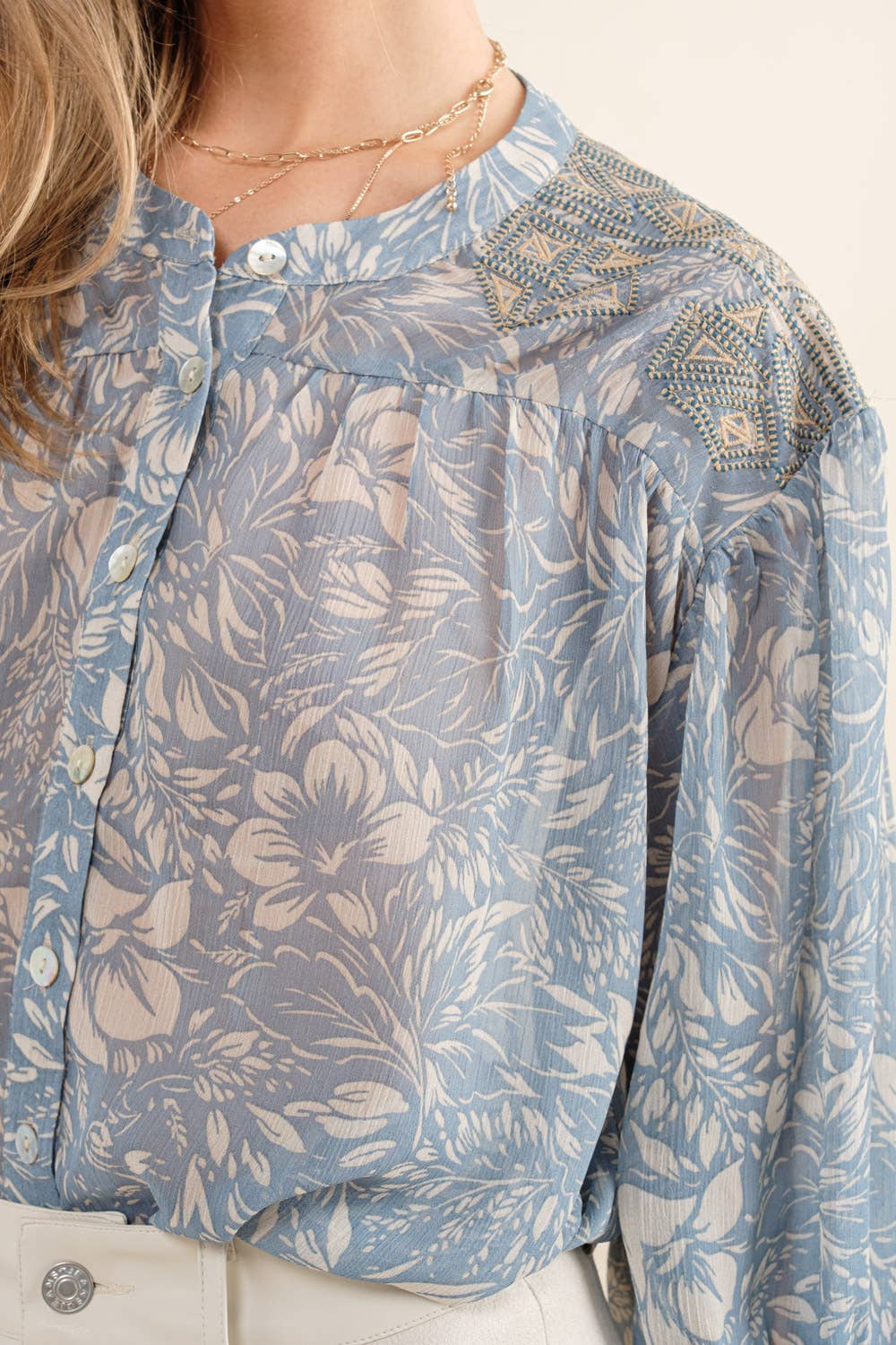 Chiffon Floral Embroidered Shoulder Blouse