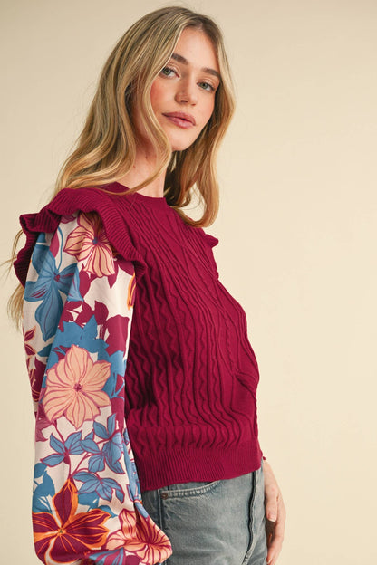Floral Plum Mixed Media Sweater