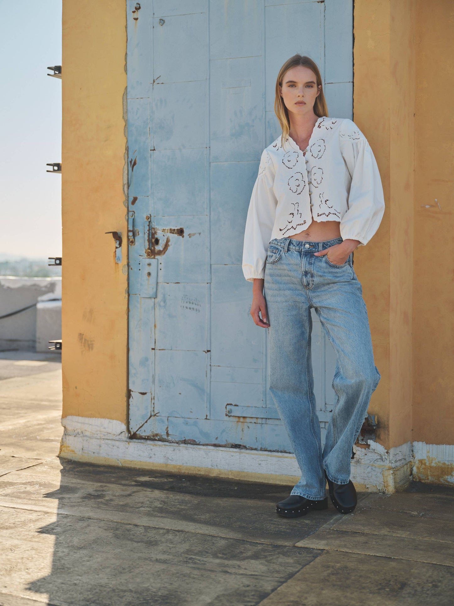 Denim Embroidery Puff Sleeve Top