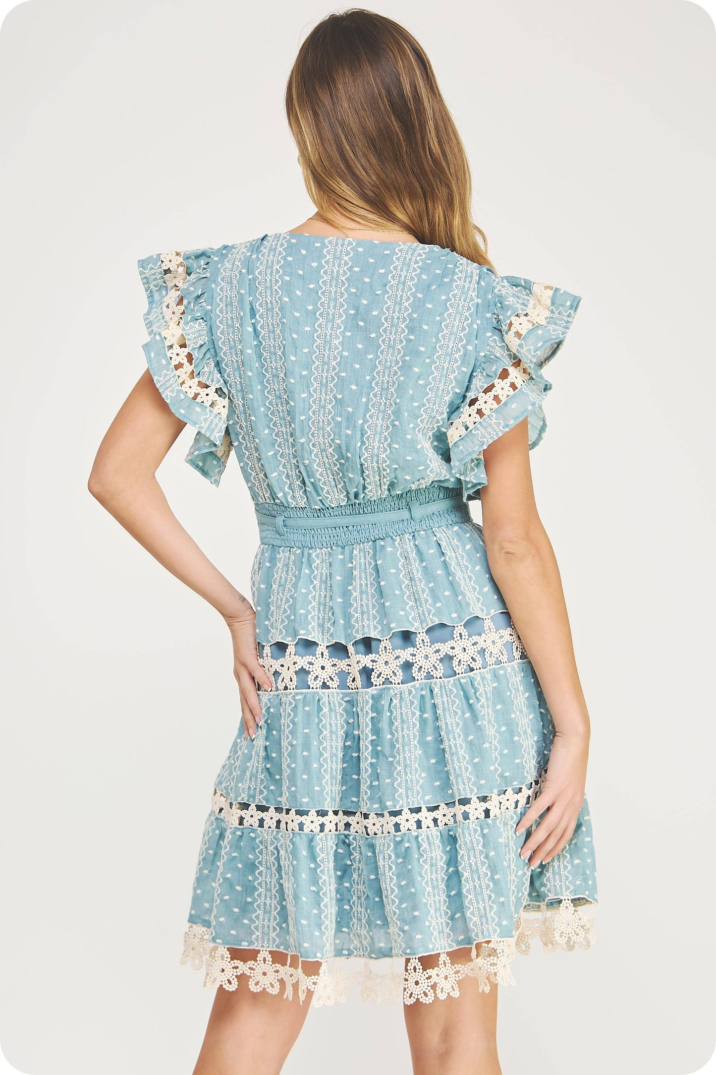 Embroidered Lace Trim Detail Mini Dress