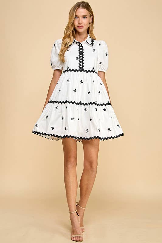 Embroidered Bow Printed Shirt Dress