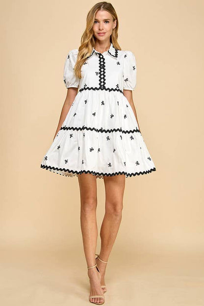 Embroidered Bow Printed Shirt Dress