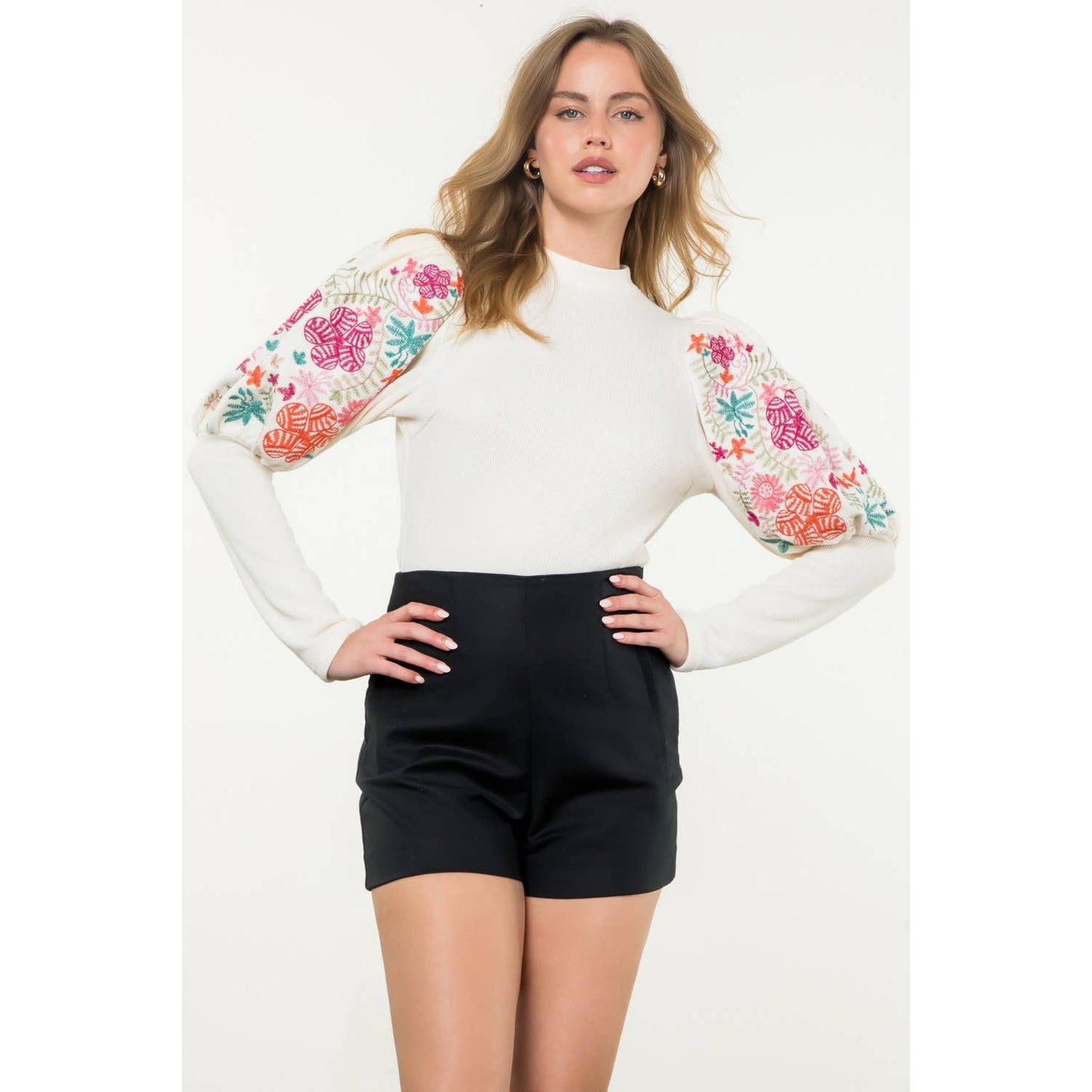 Embroidered Bishop Sleeve Sweater Top