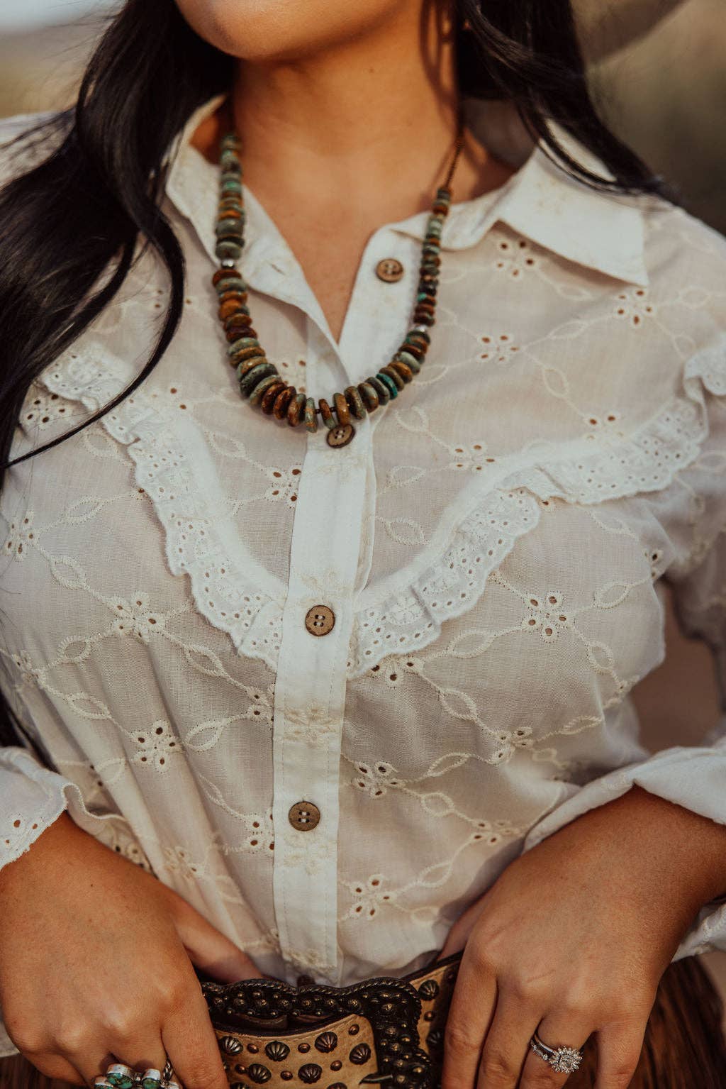 Turquoise Haven Ivory Ruffle Western Blouse