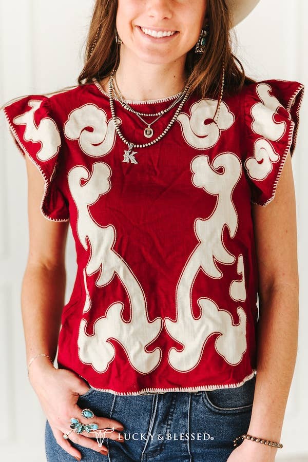 Lucky & Blessed Deep Red Scroll Blouse