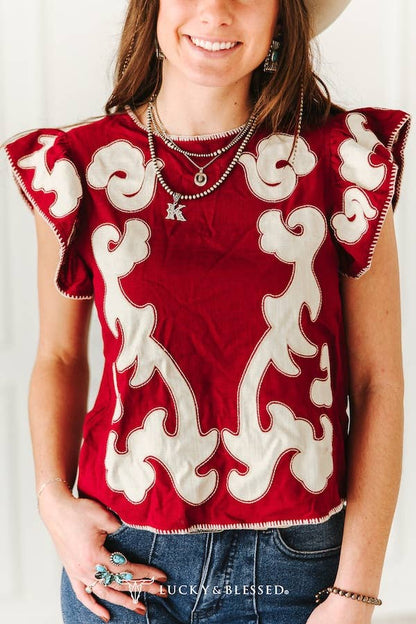 Lucky & Blessed Deep Red Scroll Blouse