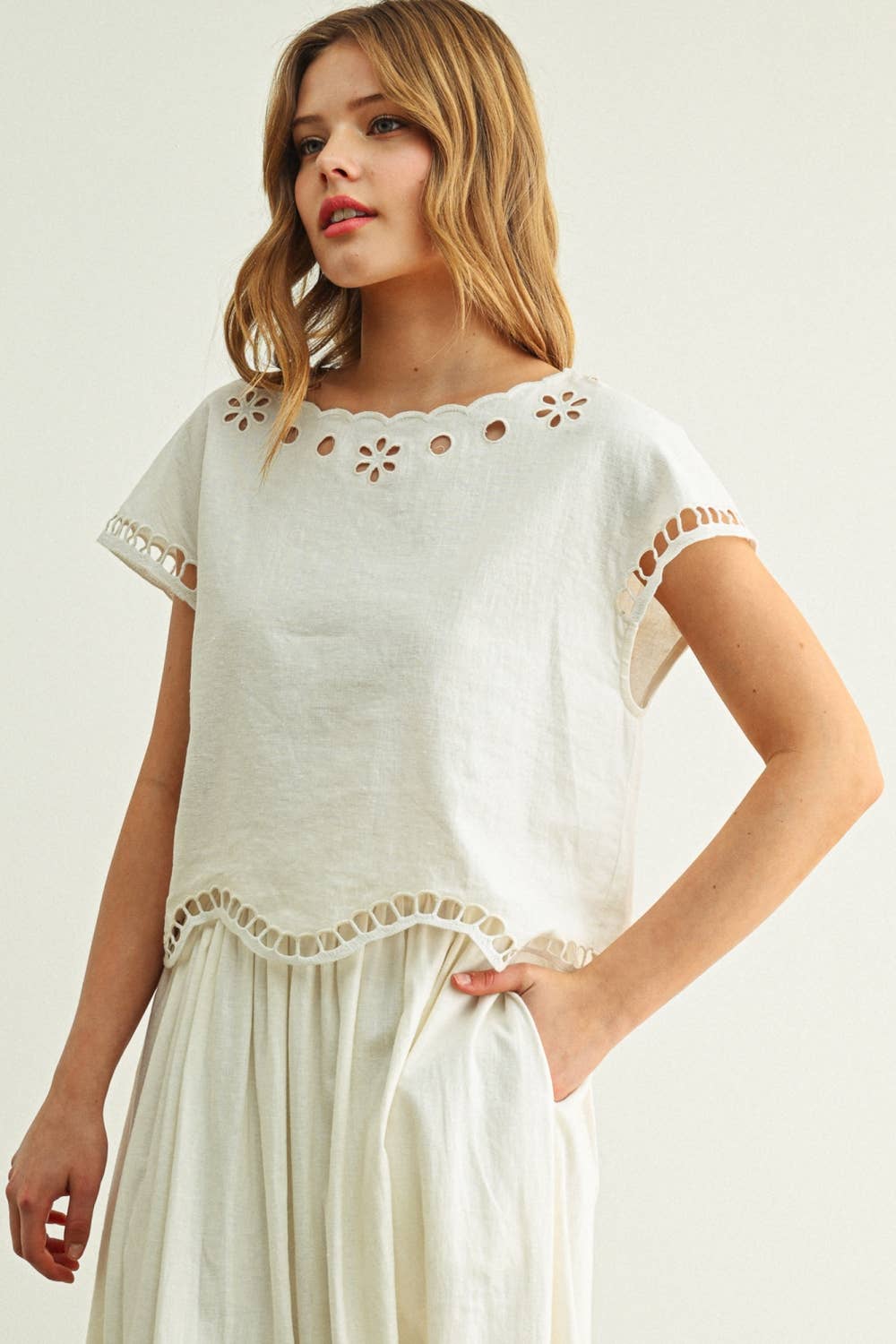 Floral Embroidered Boat Neck Top & Skirt Set