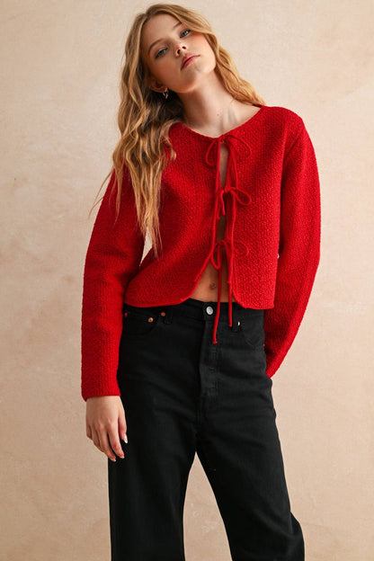 Red Tie Front Long Sleeve Cardigan