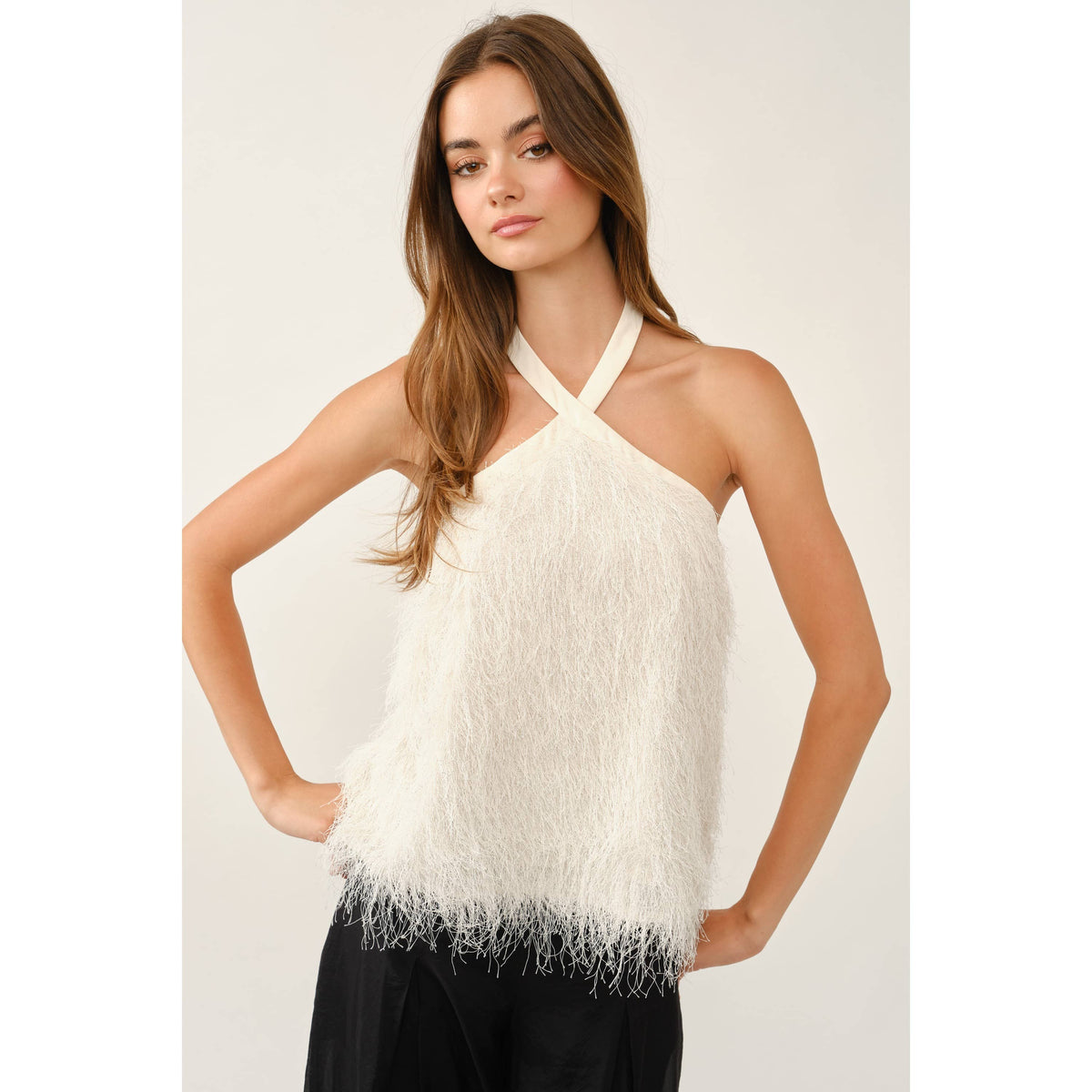 Crisscross Halter Neck Feather Fringe Top