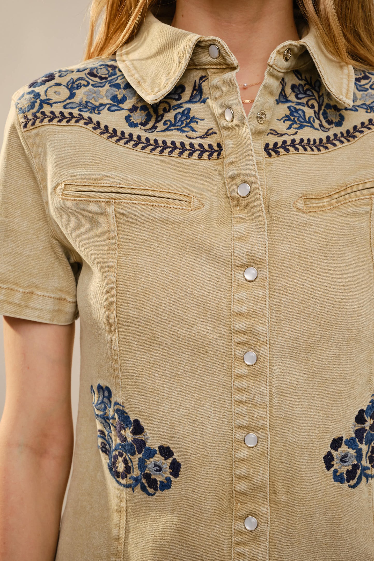 Western Yoke Floral Embroidered Mini Dress