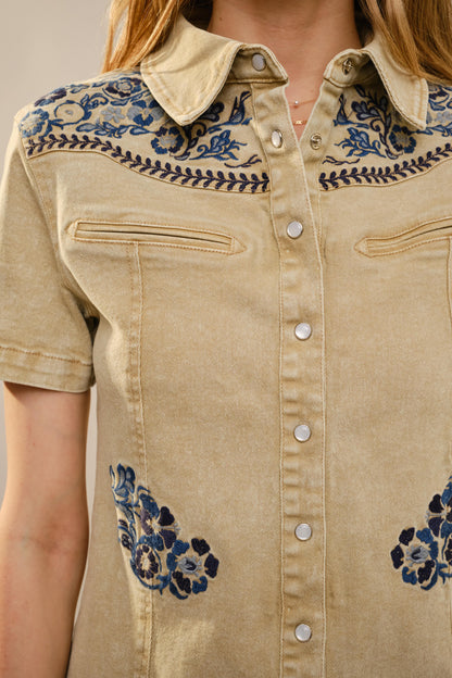 Western Yoke Floral Embroidered Mini Dress