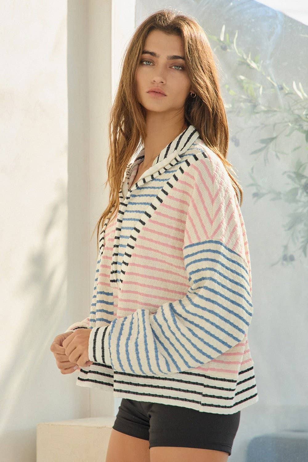 Oversized Funnel-Neck Half Zip Striped Top