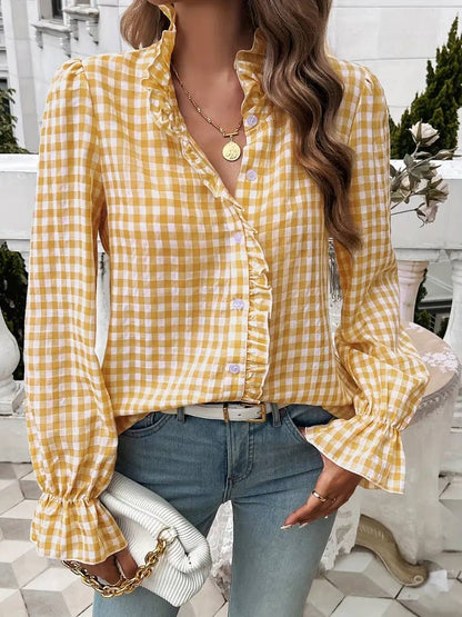 Ruffled Shirt Long-sleeve Plaid Blouse