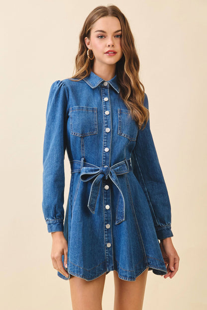 Snap Button Down Front Flare Hem Denim Shirt Dress