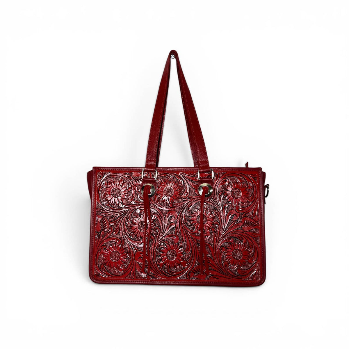 Red Tooled Leather Tote Bag 