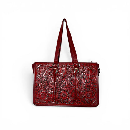 Red Tooled Leather Tote Bag 