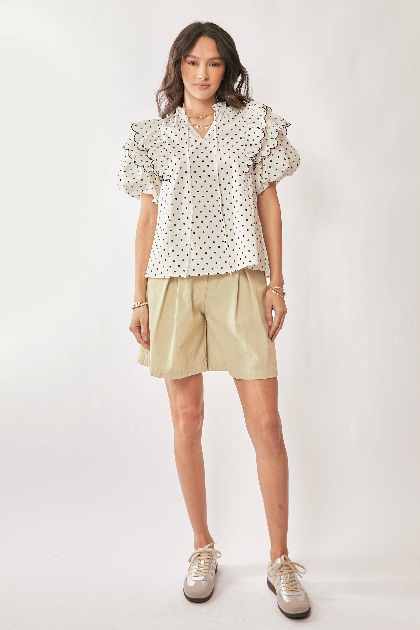 Polka Dot Contrast Ruffle Puff Sleeve Blouse