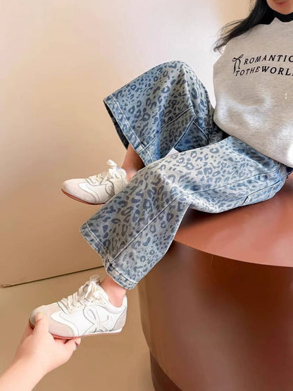 Girl's Blue Leopard Print Denim Wide-Leg Pants
