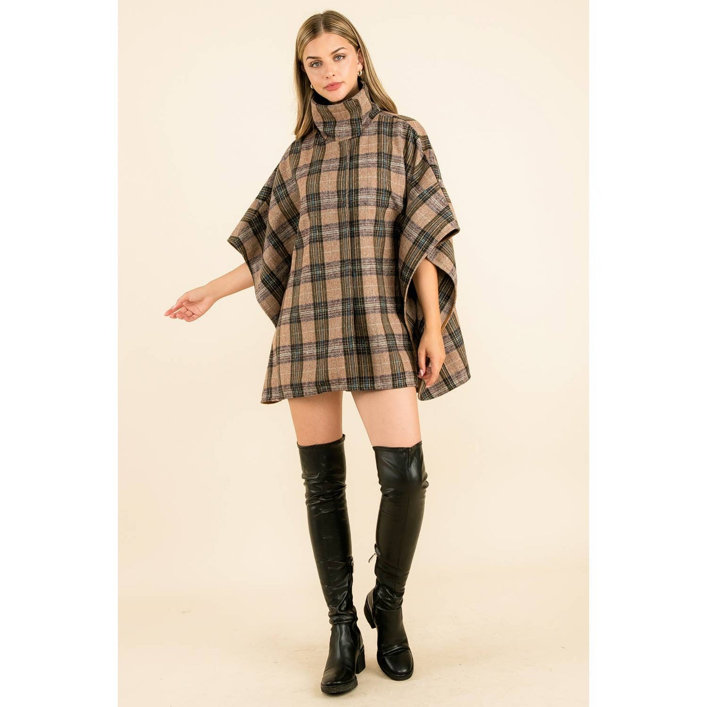 High Neck Plaid Poncho