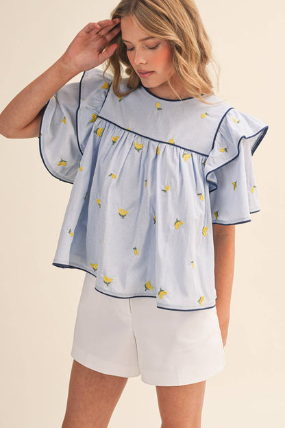 Lemon Embroidery Contrast Piping Top