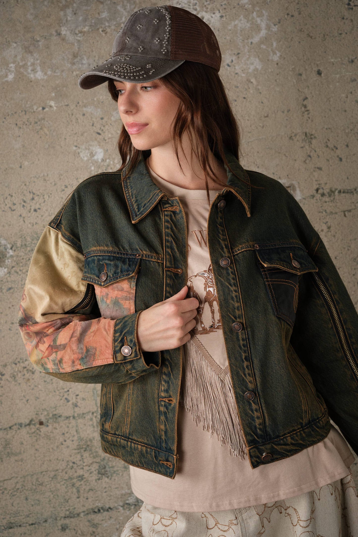 Blue B Western Print Mix Denim Jacket