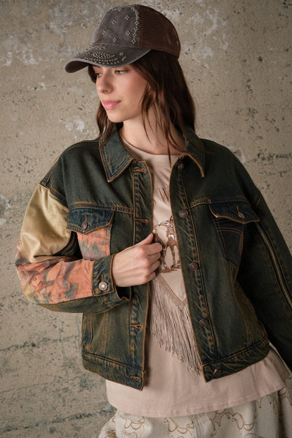 Blue B Western Print Mix Denim Jacket