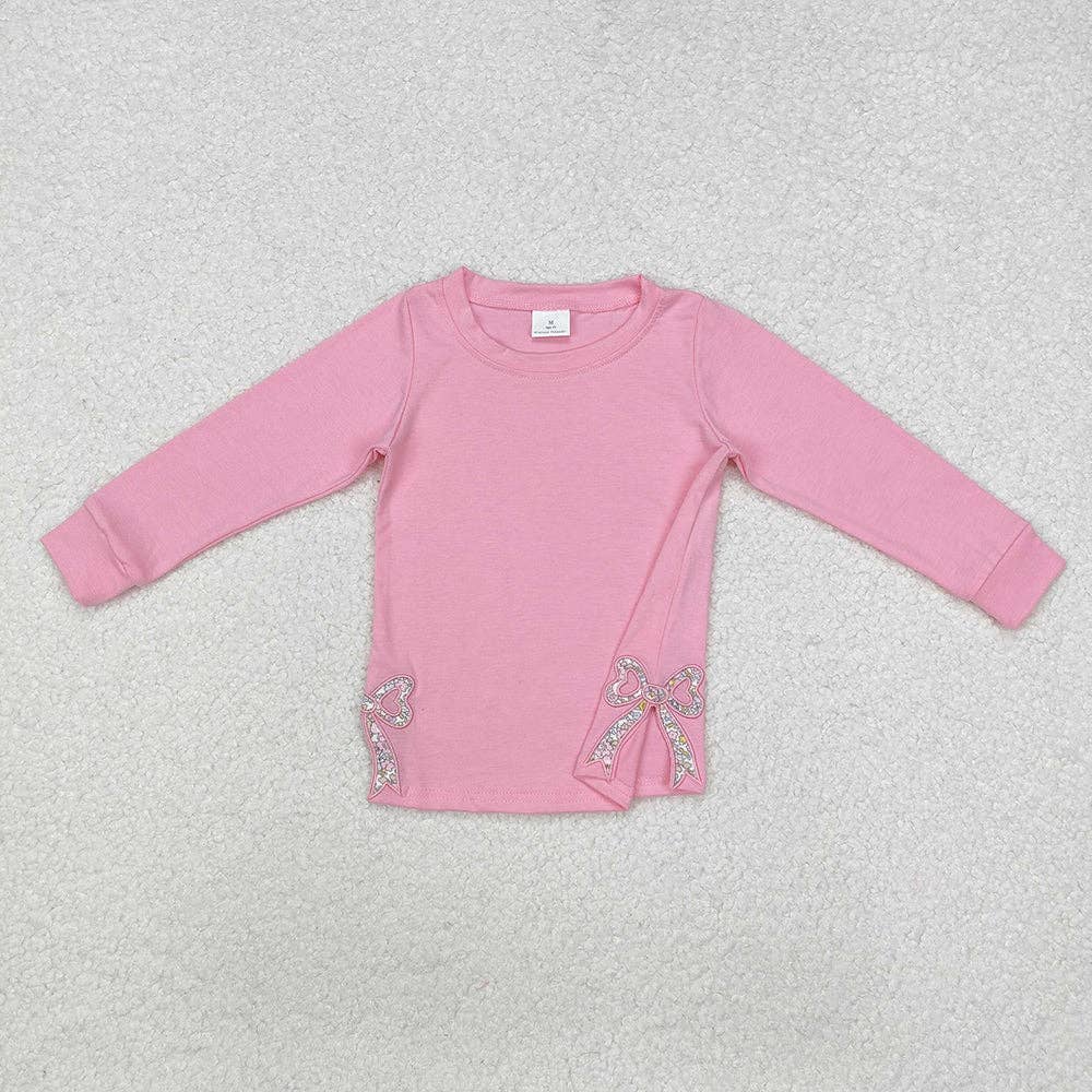 Girls Pink Long Sleeve Bows Side Embroidery Tee