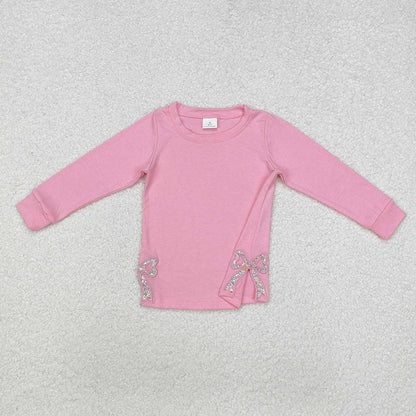 Girls Pink Long Sleeve Bows Side Embroidery Tee