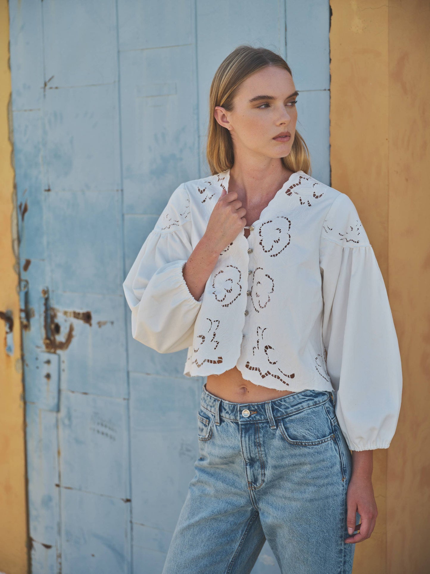 Denim Embroidery Puff Sleeve Top