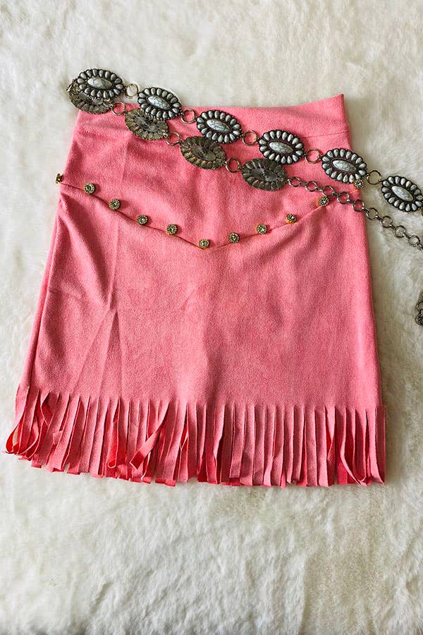 Girl's Pink Faux Suede Fringe Skirt