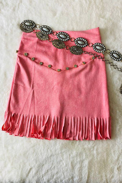 Girl's Pink Faux Suede Fringe Skirt