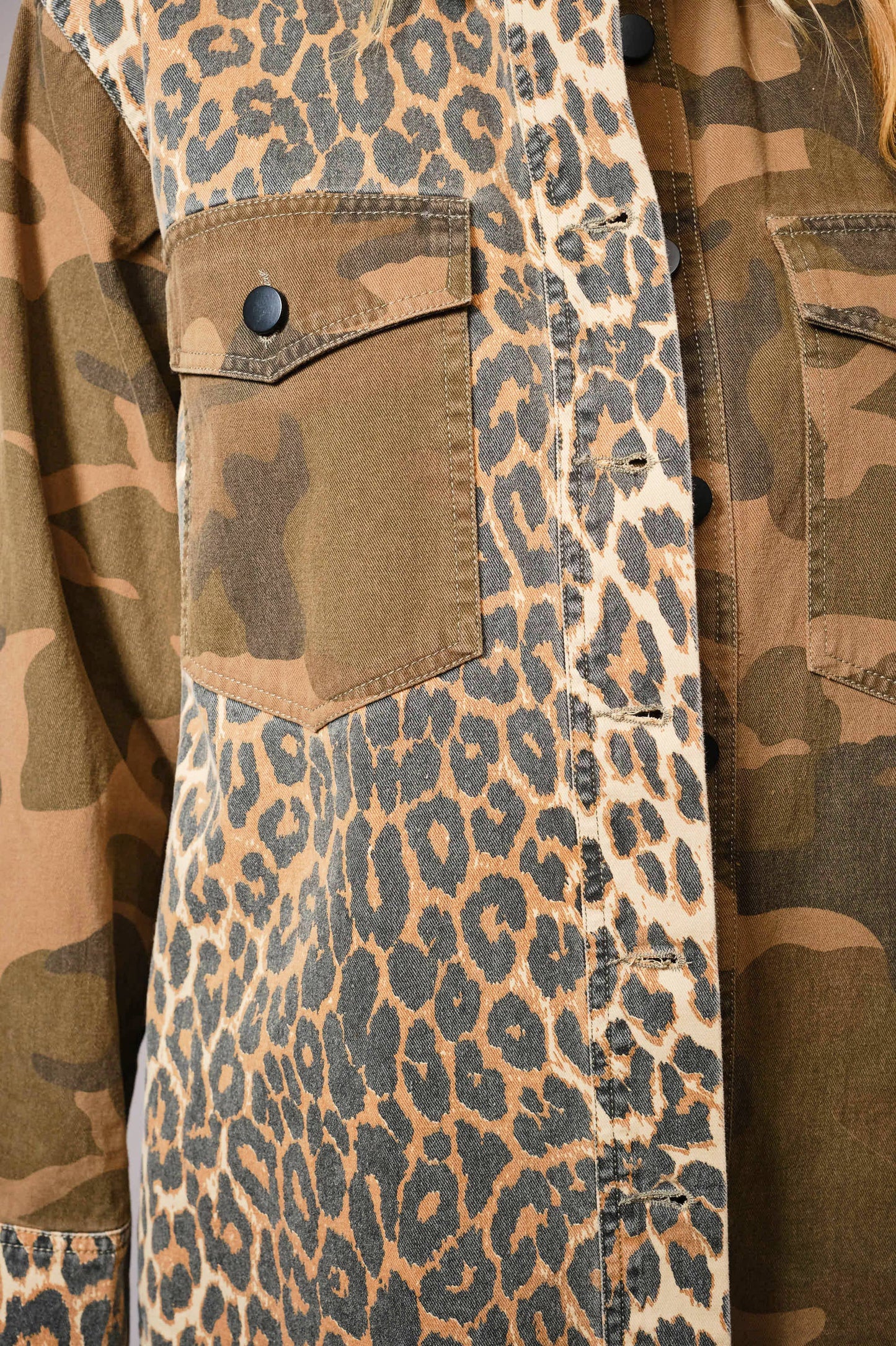 Mix Media Camo Leopard Snap Jacket