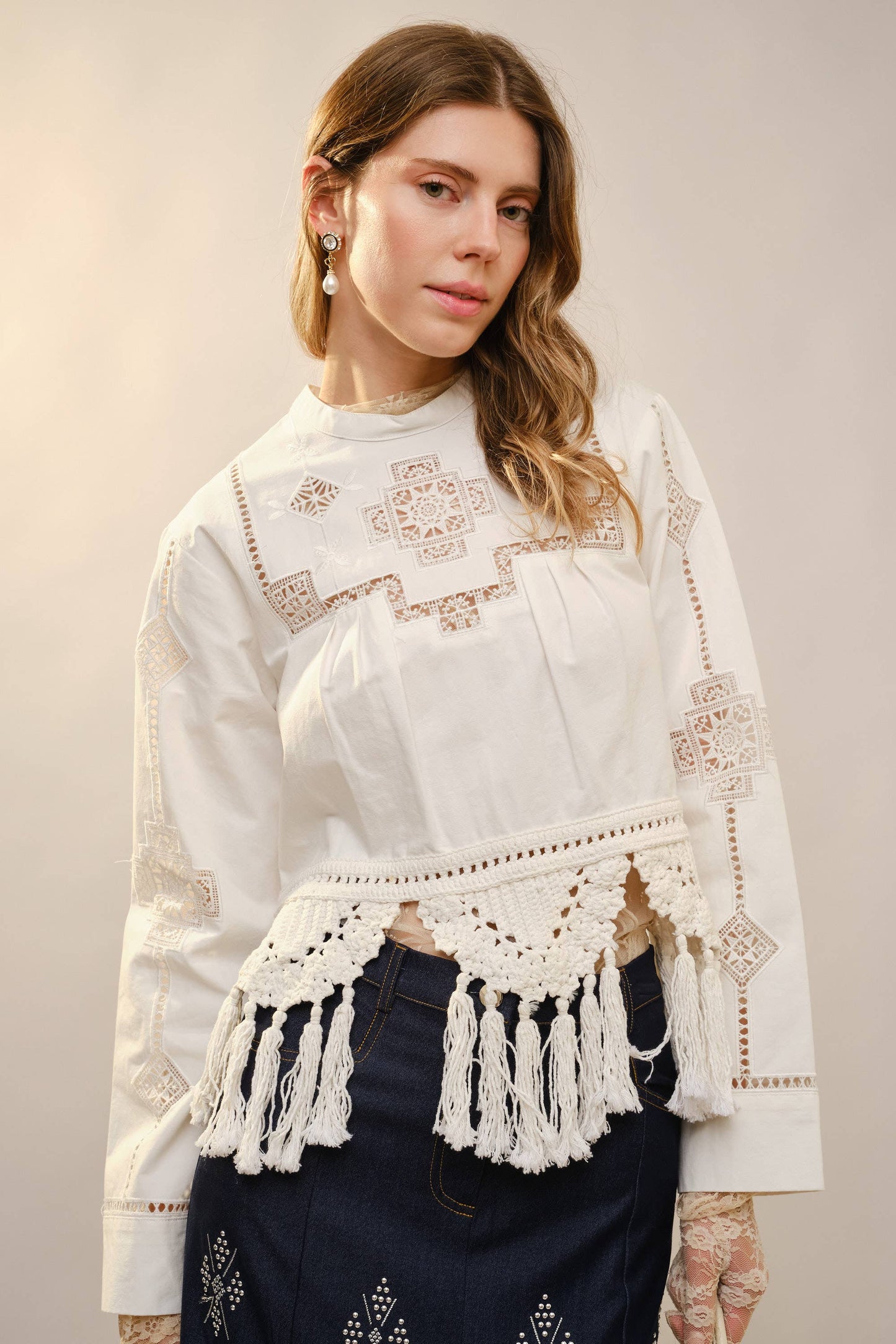 Crochet Tassel Hem Embroidered Top
