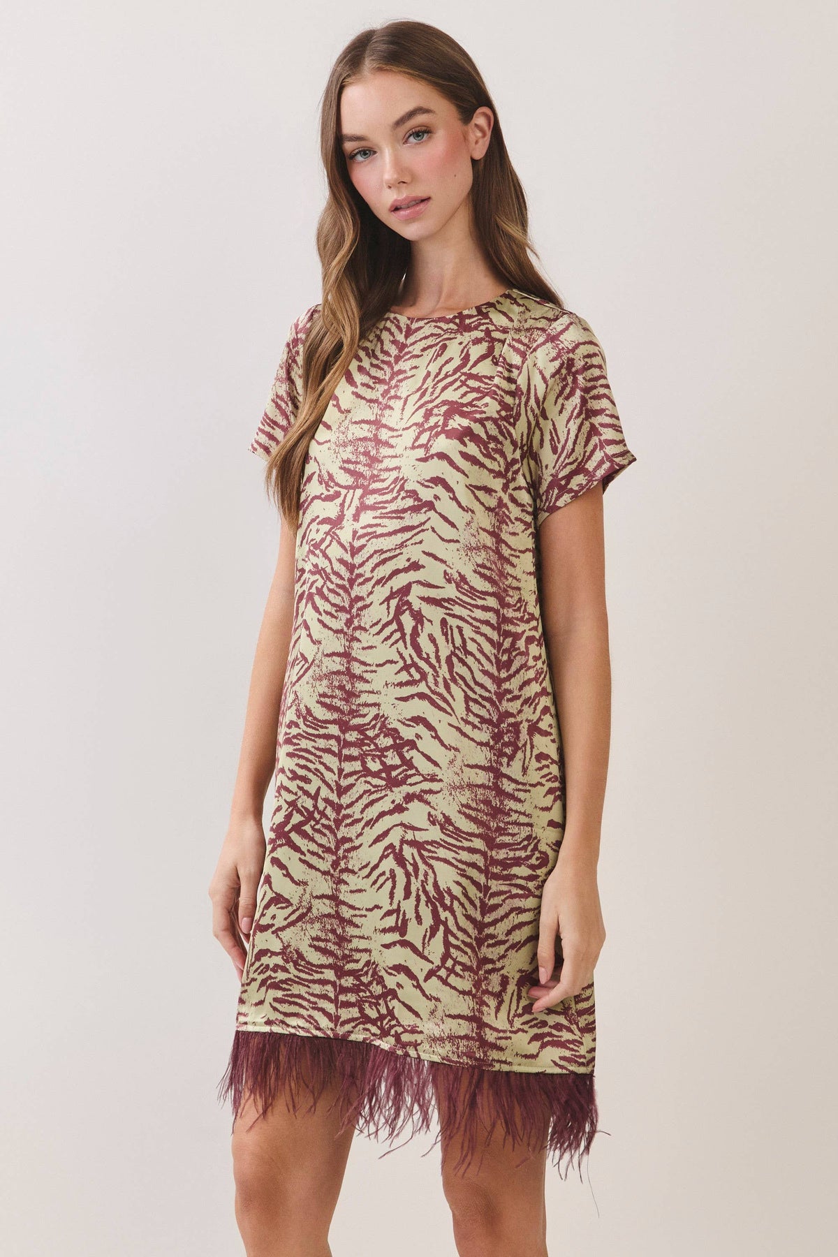 TCEC Feather Trim Printed Shift Dress