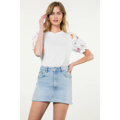 Embroidered Textured Puff Sleeve Top