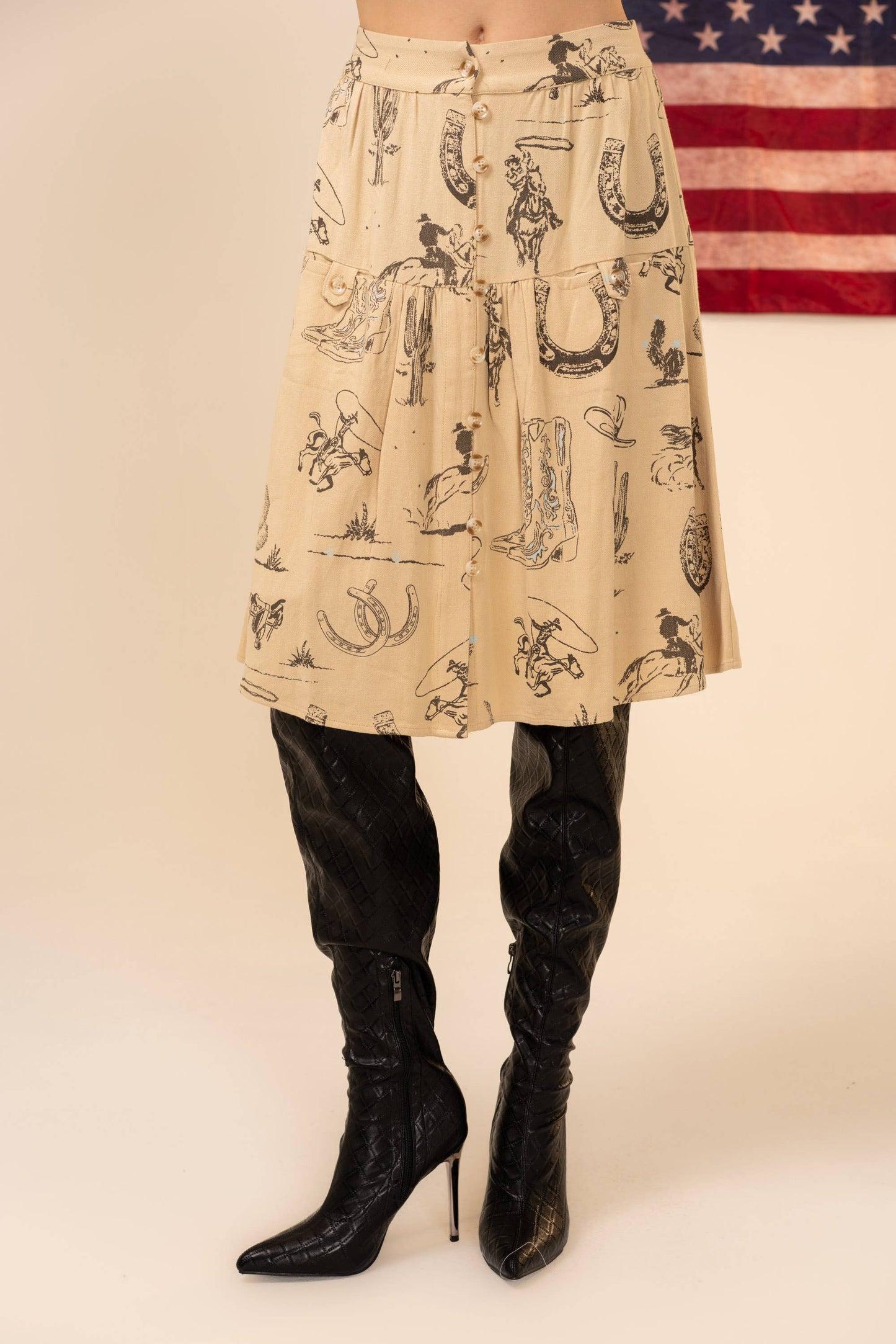 Blue B Western Print Linen Button Up Skirt