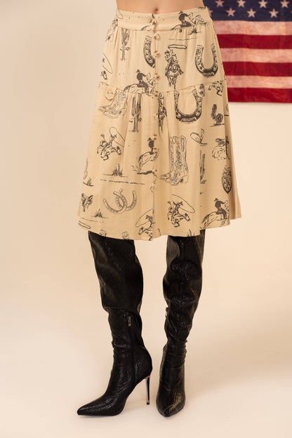 Blue B Western Print Linen Button Up Skirt