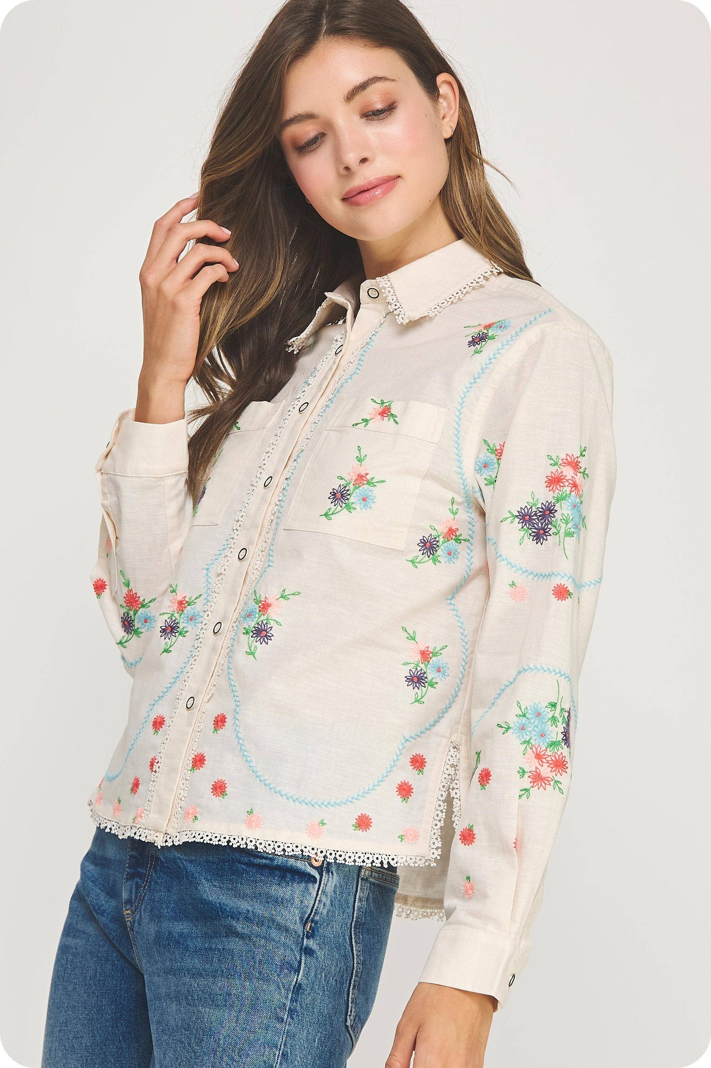 Flower Embroidery Long Sleeve Linen Shirt