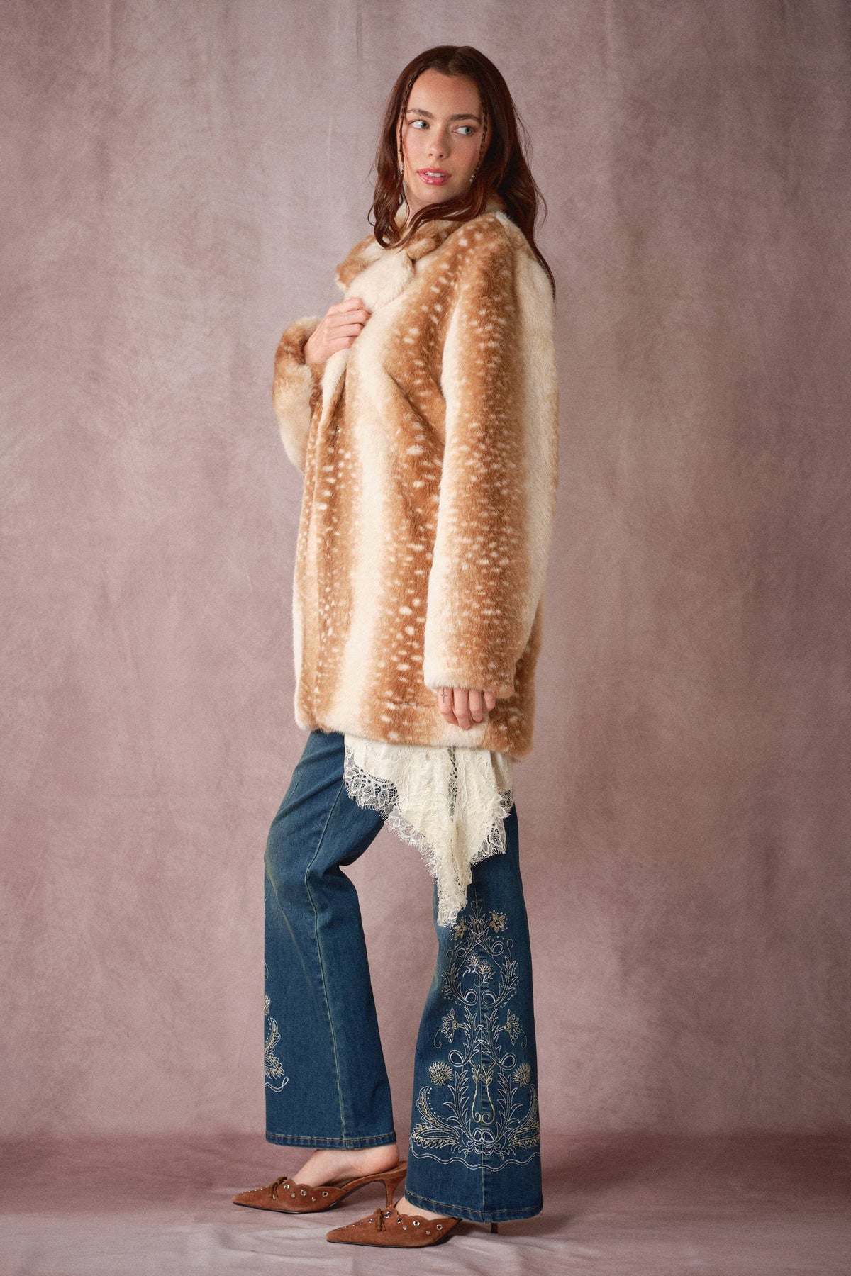 Blue B Deer Print Faux Fur Coat