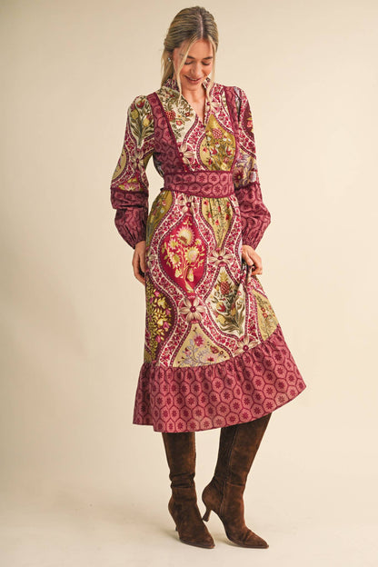 Mixed Floral Print Midi Dress