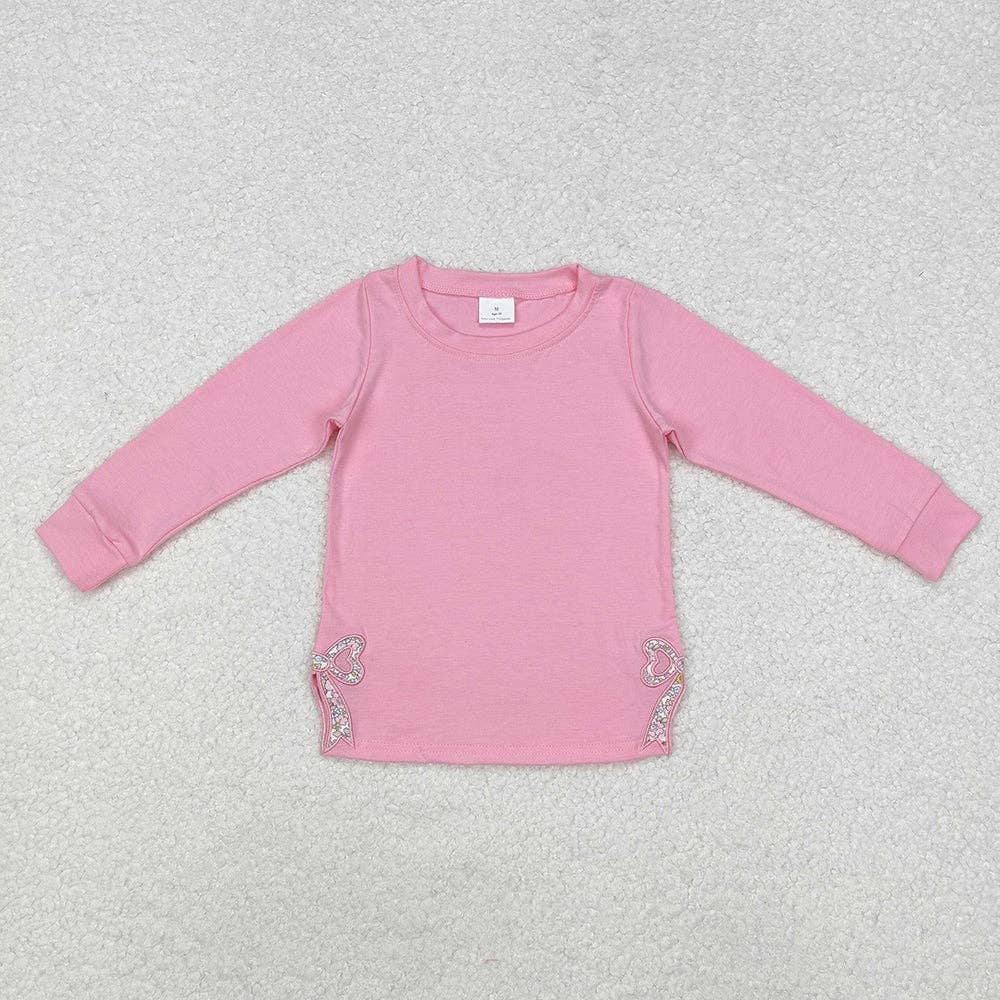 Girls Pink Long Sleeve Bows Side Embroidery Tee