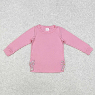 Girls Pink Long Sleeve Bows Side Embroidery Tee