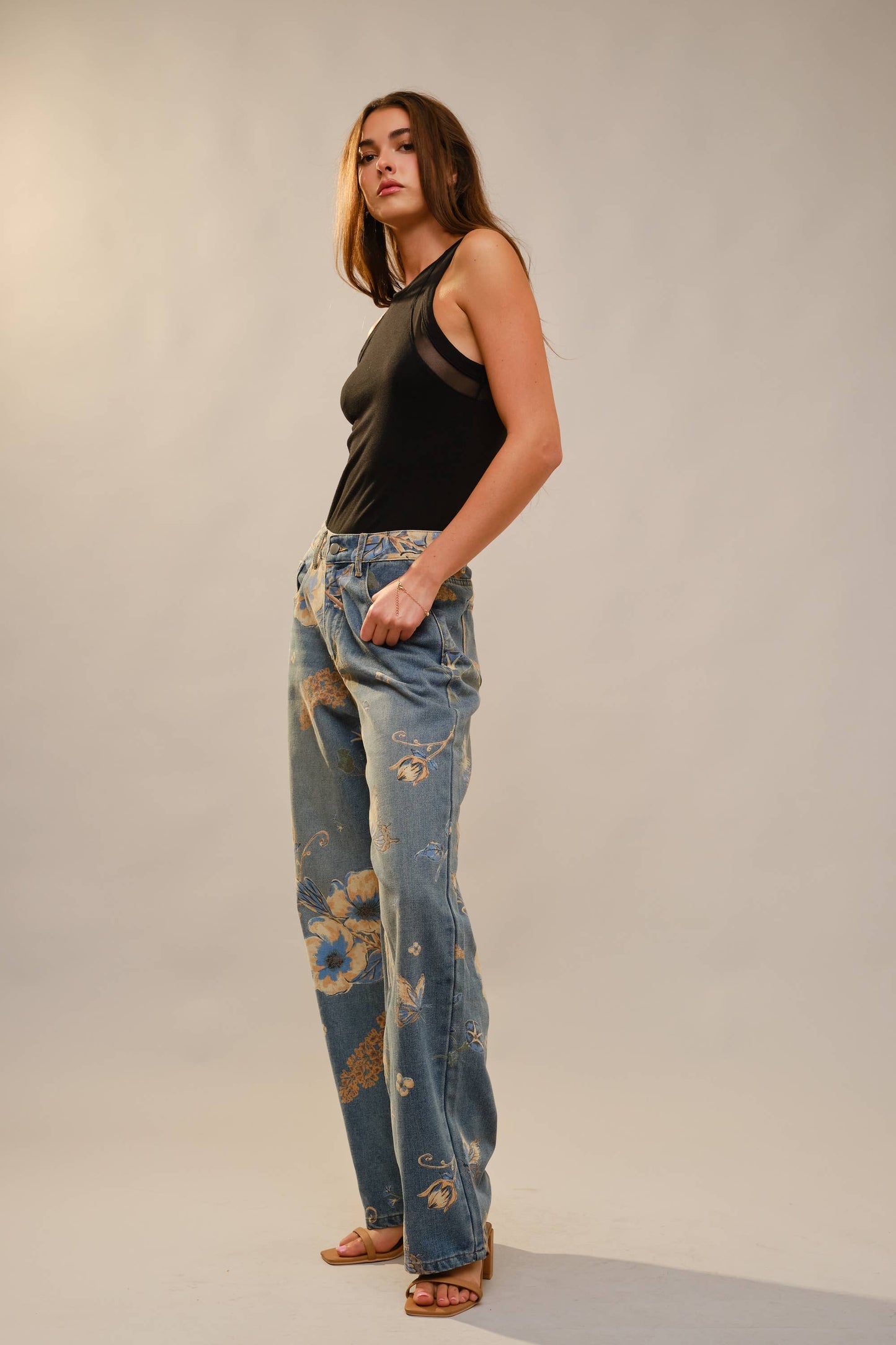 Floral Print Wide Leg Jeans