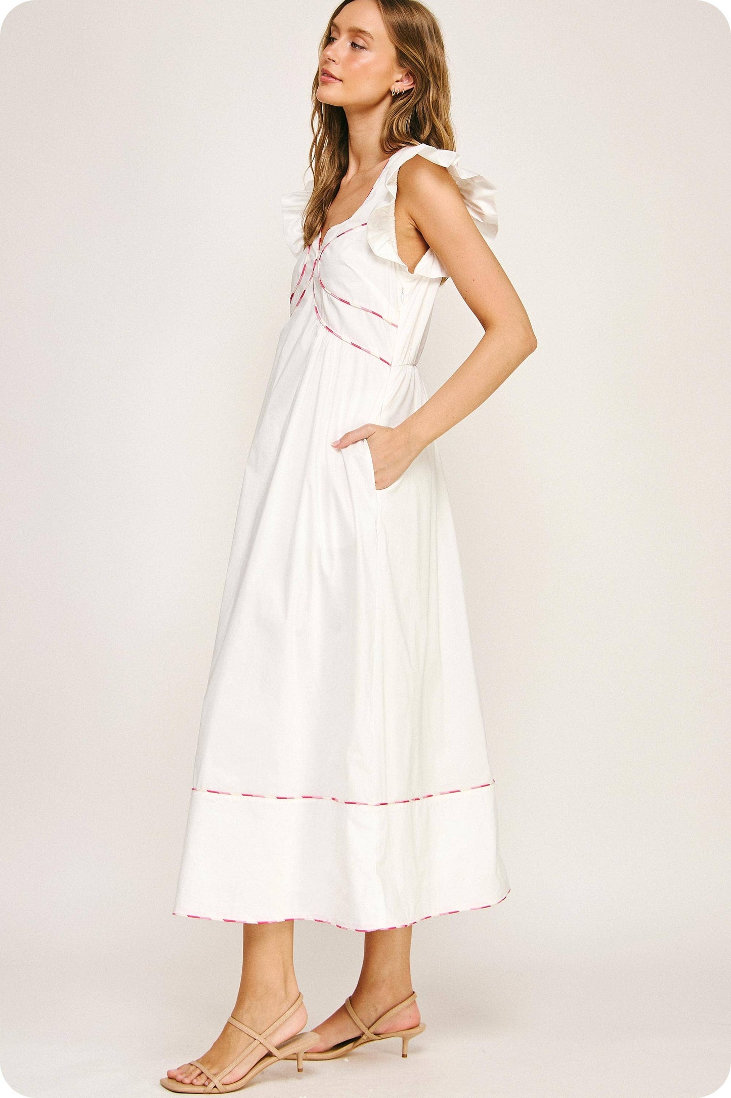 Contrast Multi Color Piping Midi Dress
