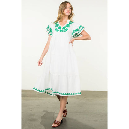 Flutter Sleeve Embroidered Dress