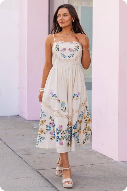 Embroidered Floral Lace Detail Midi Dress