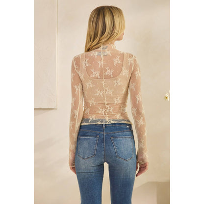 Lace Long Sleeve See Through Polka Dot Top