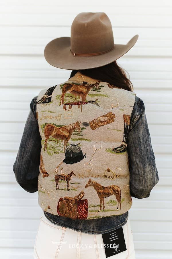 Jacquard Woven Horse Zip-Up Puffer Jacket